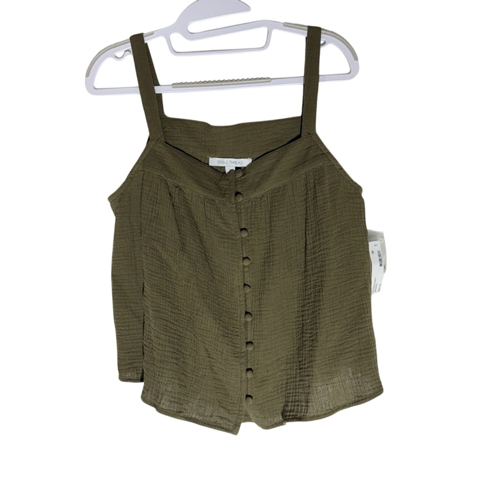 Single Thread Olive Green Button Front Gauze Tank Top Womens Small MJ090076ST